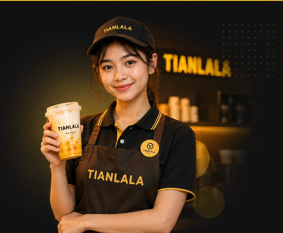 Crew outlet Fuyu Group dengan seragam, topi, dan apron
